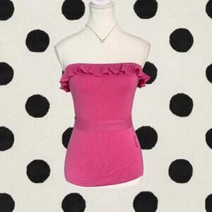Pink baby doll off the shoulder strapless  top ruffle belted tie waist. Size: S